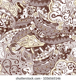 Tracery seamless pattern. Mehndi design. Ethnic colorful doodle texture. Curved doodling background. Vector