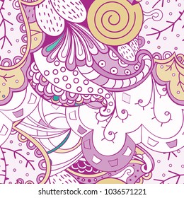 Tracery seamless pattern. Mehndi design. Ethnic colorful doodle texture. Curved doodling background. Vector