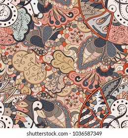 Tracery seamless pattern. Mehndi design. Ethnic colorful doodle texture. Curved doodling background. Vector