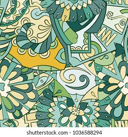 Tracery seamless pattern. Mehndi design. Ethnic colorful doodle texture. Curved doodling background. Vector