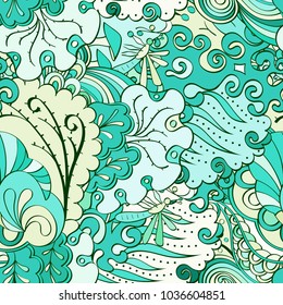 Tracery seamless pattern. Mehndi design. Ethnic colorful doodle texture. Curved doodling background. Vector