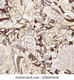 Tracery seamless pattern. Mehndi design. Ethnic colorful doodle texture. Curved doodling background. Vector