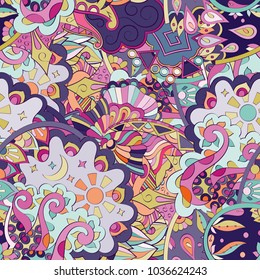 Tracery seamless pattern. Mehndi design. Ethnic colorful doodle texture. Curved doodling background. Vector