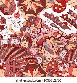 Tracery seamless pattern. Mehndi design. Ethnic colorful doodle texture. Curved doodling background. Vector