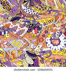Tracery seamless pattern. Mehndi design. Ethnic colorful doodle texture. Curved doodling background. Vector