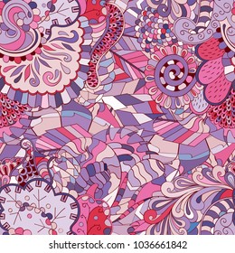 Tracery seamless pattern. Mehndi design. Ethnic colorful doodle texture. Curved doodling background. Vector