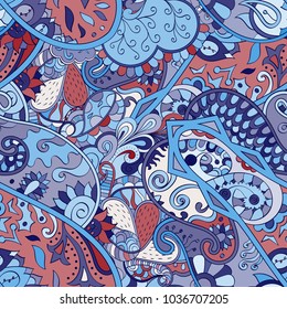 Tracery seamless pattern. Mehndi design. Ethnic colorful doodle texture. Curved doodling background. Vector