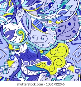 Tracery seamless pattern. Mehndi design. Ethnic colorful doodle texture. Curved doodling background. Vector