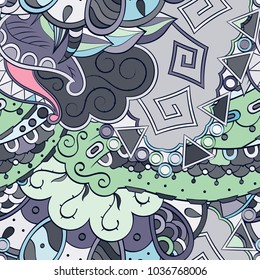 Tracery seamless pattern. Mehndi design. Ethnic colorful doodle texture. Curved doodling background. Vector