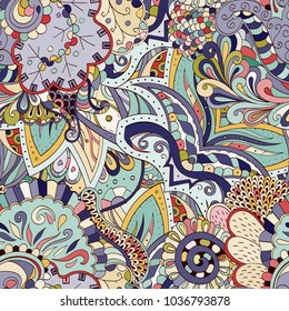 Tracery seamless pattern. Mehndi design. Ethnic colorful doodle texture. Curved doodling background. Vector