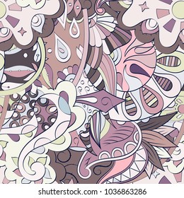 Tracery seamless pattern. Mehndi design. Ethnic colorful doodle texture. Curved doodling background. Vector