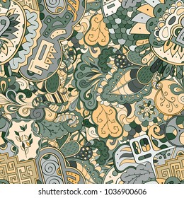 Tracery seamless pattern. Mehndi design. Ethnic colorful doodle texture. Curved doodling background. Vector