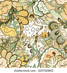 Tracery seamless pattern. Mehndi design. Ethnic colorful doodle texture. Curved doodling background. Vector