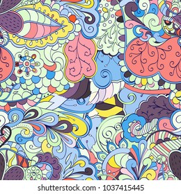 Tracery seamless pattern. Mehndi design. Ethnic colorful doodle texture. Curved doodling background. Vector