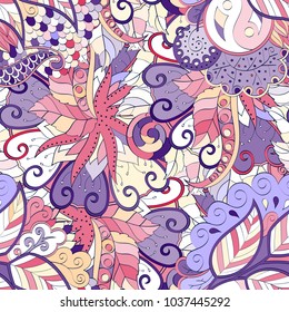 Tracery seamless pattern. Mehndi design. Ethnic colorful doodle texture. Curved doodling background. Vector