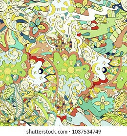 Tracery seamless pattern. Mehndi design. Ethnic colorful doodle texture. Curved doodling background. Vector