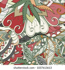 Tracery seamless pattern. Mehndi design. Ethnic colorful doodle texture. Curved doodling background. Vector