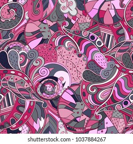 Tracery seamless pattern. Mehndi design. Ethnic colorful doodle texture. Curved doodling background. Vector