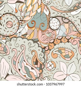 Tracery seamless pattern. Mehndi design. Ethnic colorful doodle texture. Curved doodling background. Vector