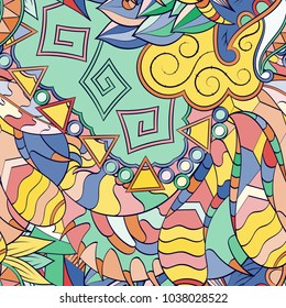 Tracery seamless pattern. Mehndi design. Ethnic colorful doodle texture. Curved doodling background. Vector