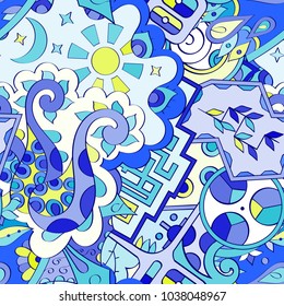 Tracery seamless pattern. Mehndi design. Ethnic colorful doodle texture. Curved doodling background. Vector