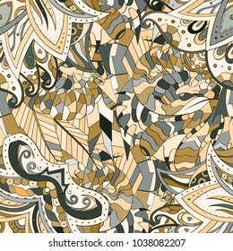 Tracery seamless pattern. Mehndi design. Ethnic colorful doodle texture. Curved doodling background. Vector