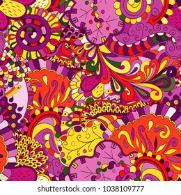 Tracery seamless pattern. Mehndi design. Ethnic colorful doodle texture. Curved doodling background. Vector