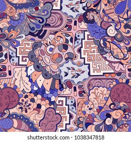 Tracery seamless pattern. Mehndi design. Ethnic colorful doodle texture. Curved doodling background. Vector