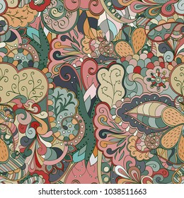 Tracery seamless pattern. Mehndi design. Ethnic colorful doodle texture. Curved doodling background. Vector