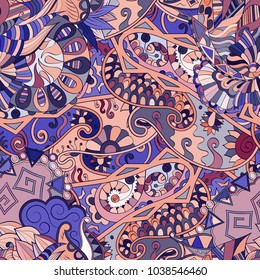 Tracery seamless pattern. Mehndi design. Ethnic colorful doodle texture. Curved doodling background. Vector