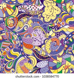 Tracery seamless pattern. Mehndi design. Ethnic colorful doodle texture. Curved doodling background. Vector