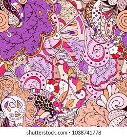 Tracery seamless pattern. Mehndi design. Ethnic colorful doodle texture. Curved doodling background. Vector