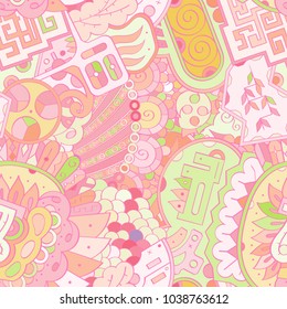 Tracery seamless pattern. Mehndi design. Ethnic colorful doodle texture. Curved doodling background. Vector