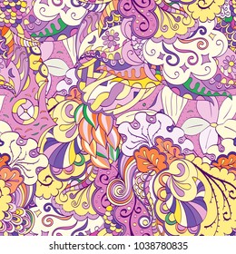 Tracery seamless pattern. Mehndi design. Ethnic colorful doodle texture. Curved doodling background. Vector
