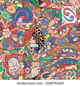 Tracery seamless pattern. Mehndi design. Ethnic colorful doodle texture. Curved doodling background. Vector