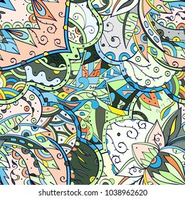 Tracery seamless pattern. Mehndi design. Ethnic colorful doodle texture. Curved doodling background. Vector