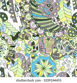 Tracery seamless pattern. Mehndi design. Ethnic colorful doodle texture. Curved doodling background. Vector