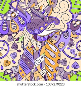 Tracery seamless pattern. Mehndi design. Ethnic colorful doodle texture. Curved doodling background. Vector