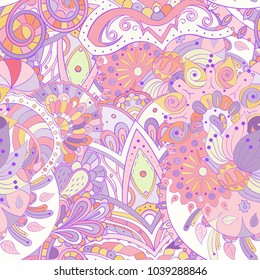 Tracery seamless pattern. Mehndi design. Ethnic colorful doodle texture. Curved doodling background. Vector
