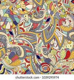 Tracery seamless pattern. Mehndi design. Ethnic colorful doodle texture. Curved doodling background. Vector