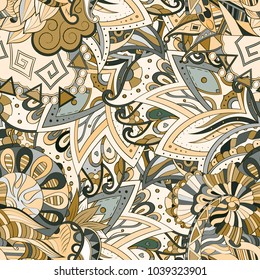 Tracery seamless pattern. Mehndi design. Ethnic colorful doodle texture. Curved doodling background. Vector