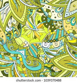 Tracery seamless pattern. Mehndi design. Ethnic colorful doodle texture. Curved doodling background. Vector