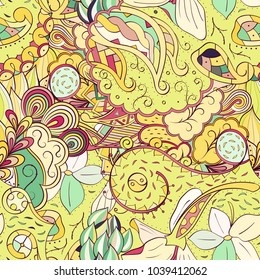 Tracery seamless pattern. Mehndi design. Ethnic colorful doodle texture. Curved doodling background. Vector