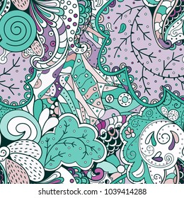 Tracery seamless pattern. Mehndi design. Ethnic colorful doodle texture. Curved doodling background. Vector