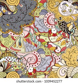 Tracery seamless pattern. Mehndi design. Ethnic colorful doodle texture. Curved doodling background. Vector