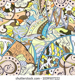 Tracery seamless pattern. Mehndi design. Ethnic colorful doodle texture. Curved doodling background. Vector
