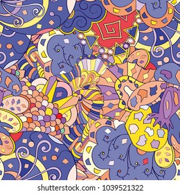 Tracery seamless pattern. Mehndi design. Ethnic colorful doodle texture. Curved doodling background. Vector