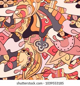 Tracery seamless pattern. Mehndi design. Ethnic colorful doodle texture. Curved doodling background. Vector