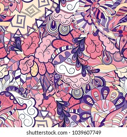Tracery seamless pattern. Mehndi design. Ethnic colorful doodle texture. Curved doodling background. Vector