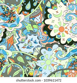 Tracery seamless pattern. Mehndi design. Ethnic colorful doodle texture. Curved doodling background. Vector